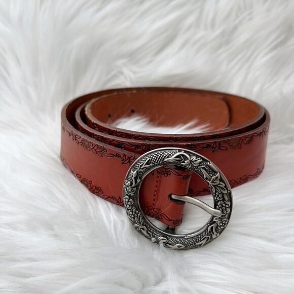 Fossil - Brown stamped edge leather belt silver buckle, L 1  display picture 1